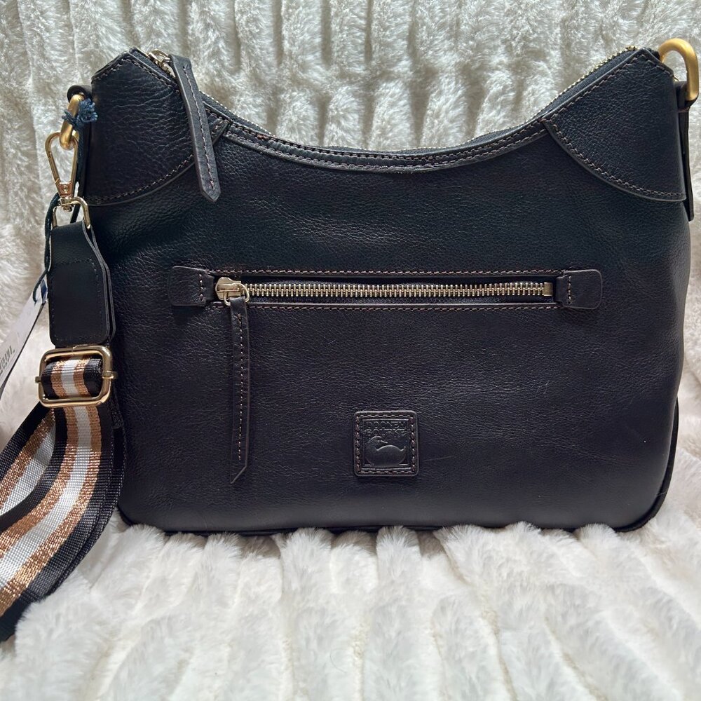 Dooney & Bourke Black Pebble Grain Zip Sac w/ With Custom Striped Web Strap - Picture 2 of 12